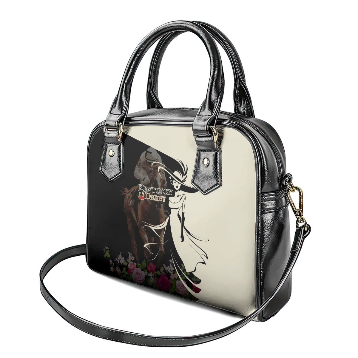 Kentucky Racing Horses Derby Hat Girl Shoulder Handbag Black Color