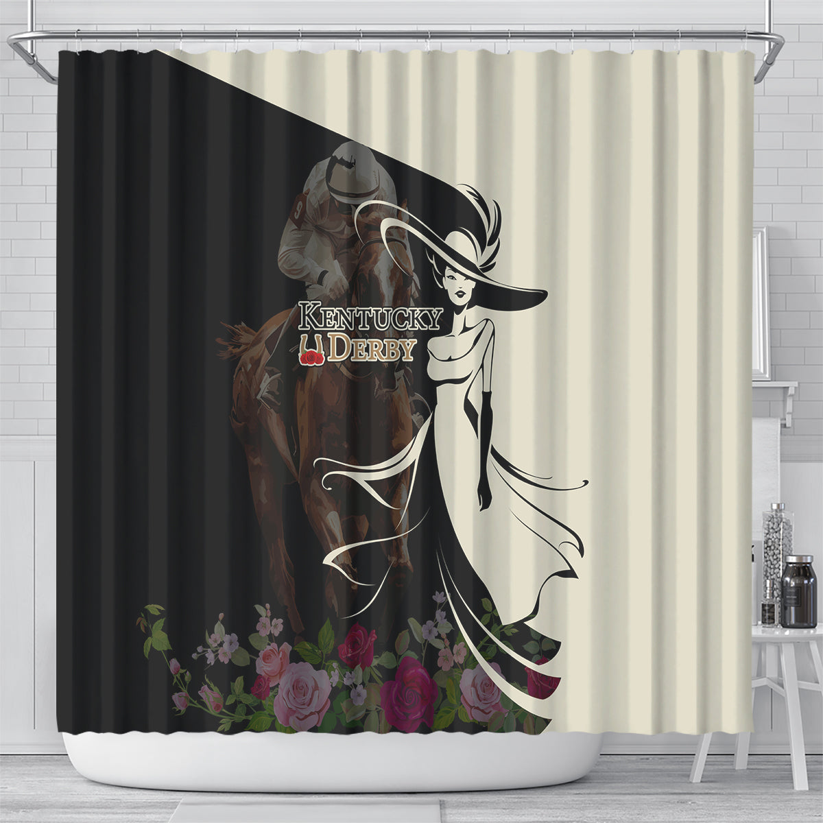 Kentucky Racing Horses Derby Hat Girl Shower Curtain Black Color