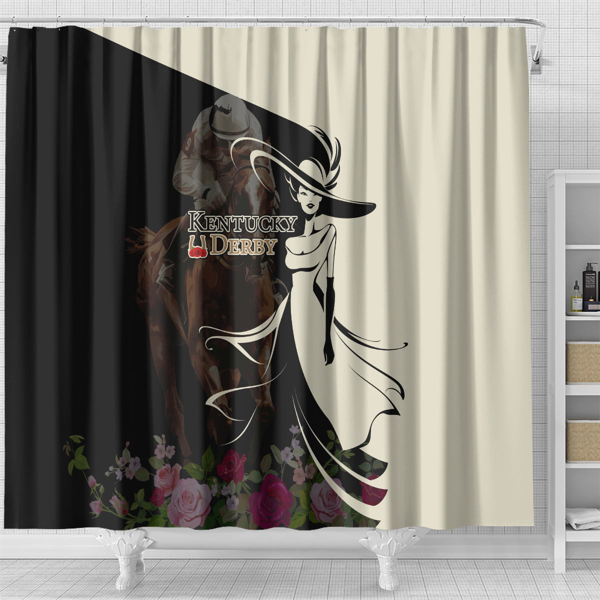 Kentucky Racing Horses Derby Hat Girl Shower Curtain Black Color