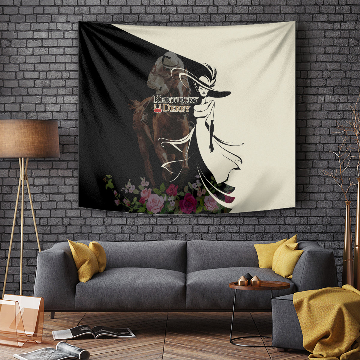 Kentucky Racing Horses Derby Hat Girl Tapestry Black Color - Wonder Print Shop