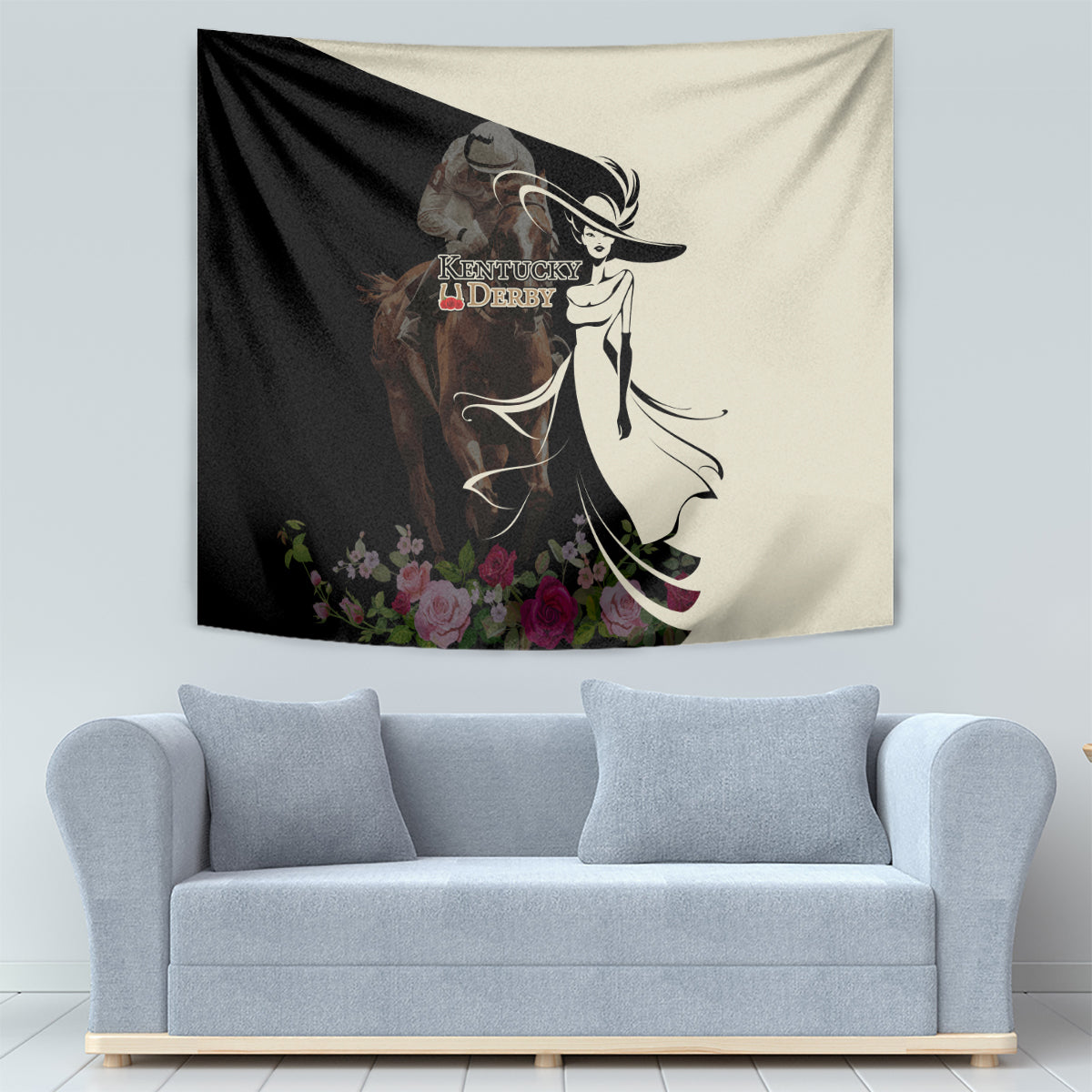 Kentucky Racing Horses Derby Hat Girl Tapestry Black Color - Wonder Print Shop