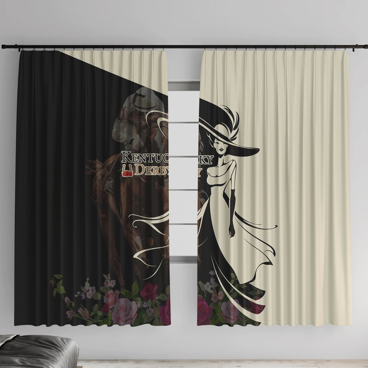 Kentucky Racing Horses Derby Hat Girl Window Curtain Black Color - Wonder Print Shop
