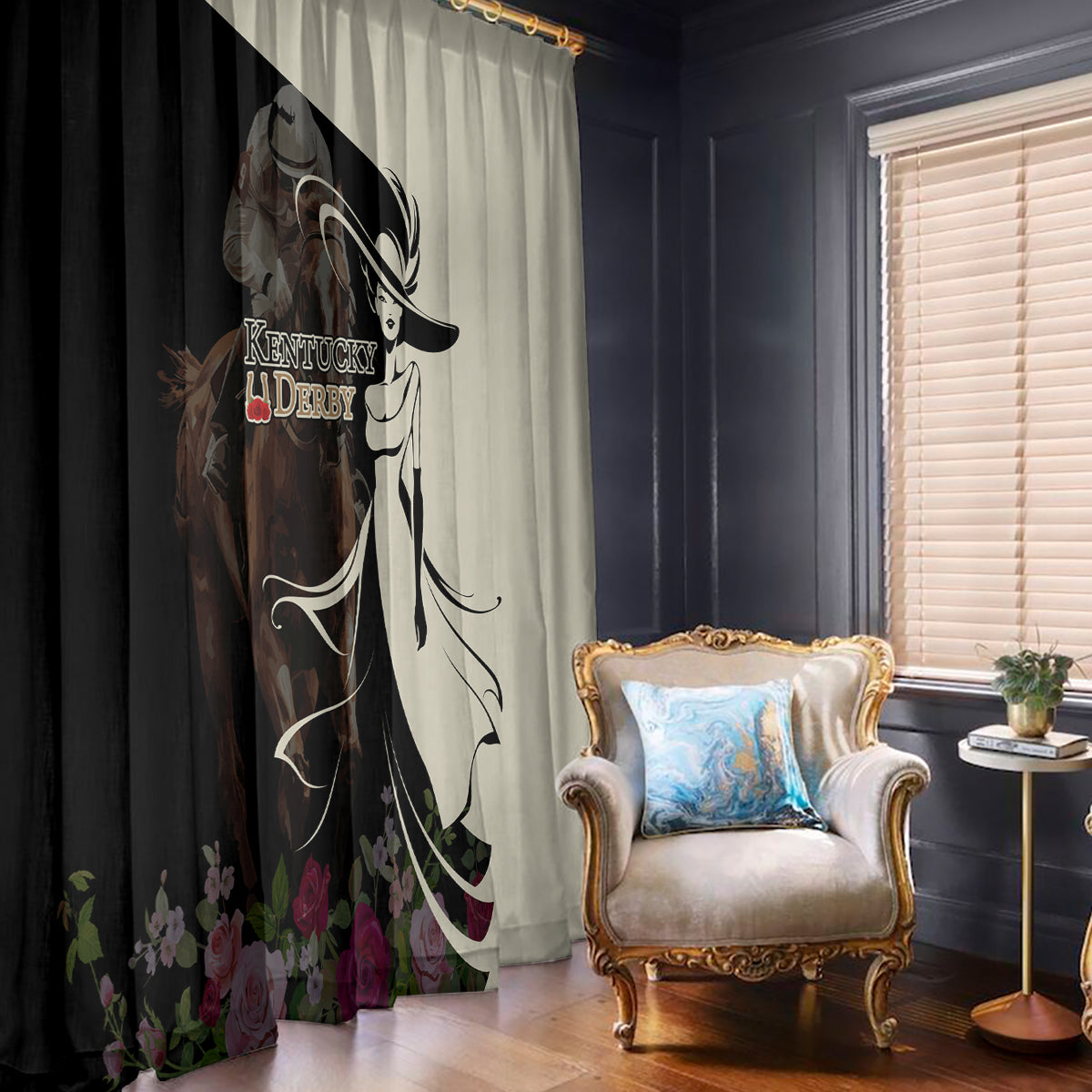 Kentucky Racing Horses Derby Hat Girl Window Curtain Black Color - Wonder Print Shop
