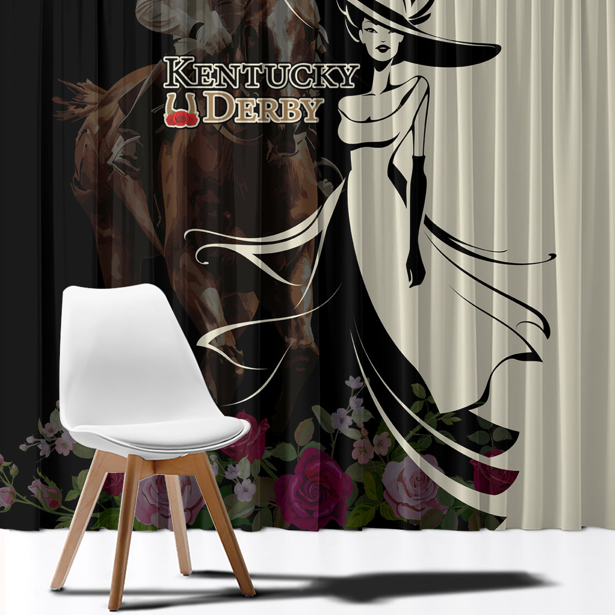 Kentucky Racing Horses Derby Hat Girl Window Curtain Black Color - Wonder Print Shop