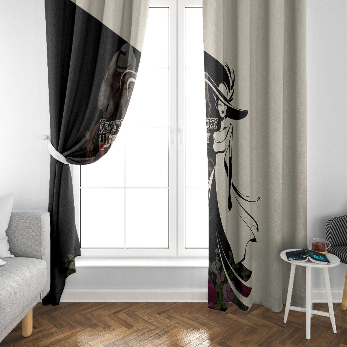 Kentucky Racing Horses Derby Hat Girl Window Curtain Black Color - Wonder Print Shop