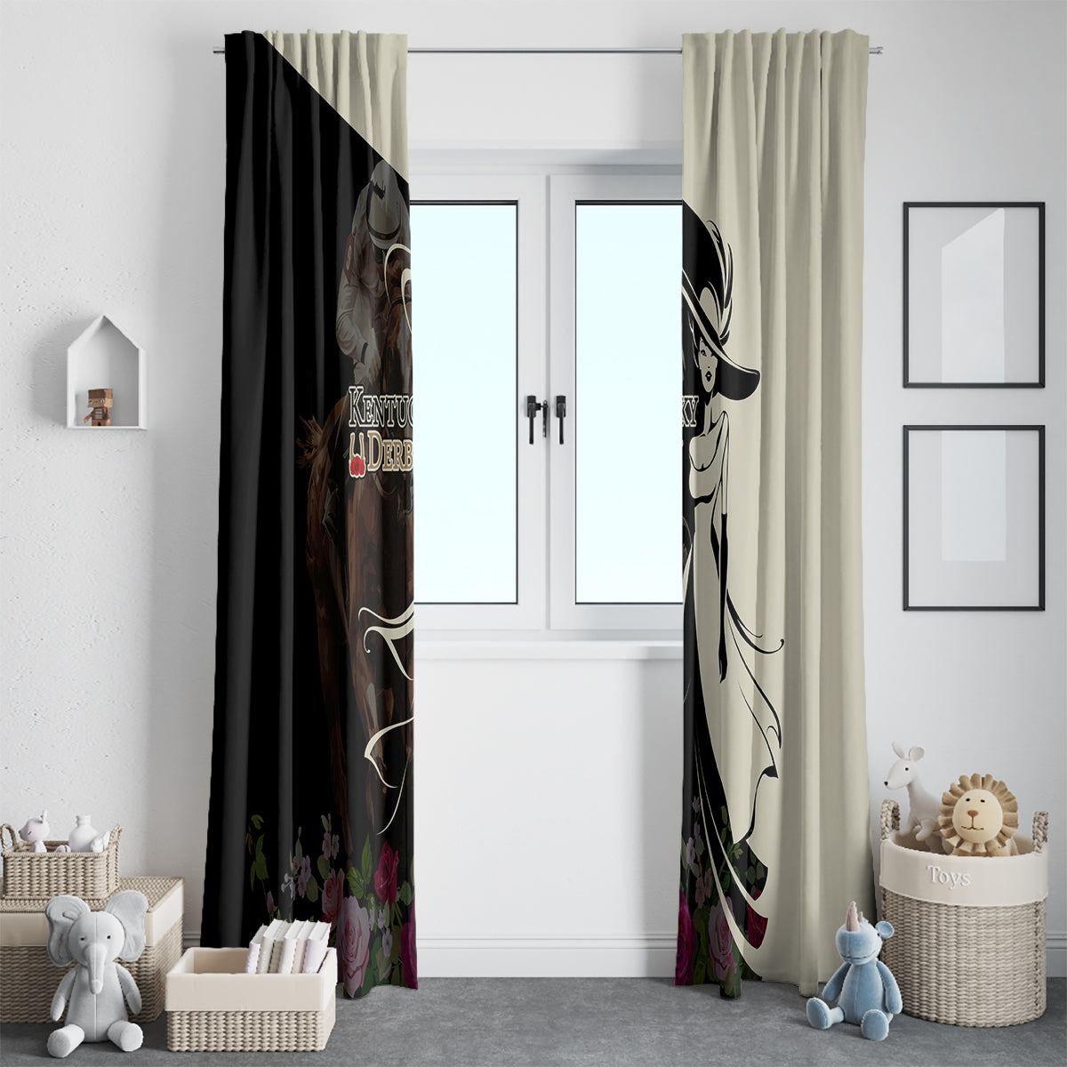 Kentucky Racing Horses Derby Hat Girl Window Curtain Black Color - Wonder Print Shop