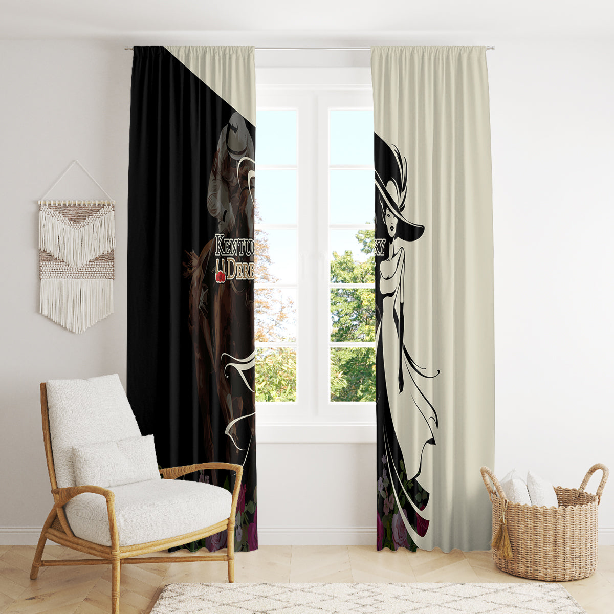 Kentucky Racing Horses Derby Hat Girl Window Curtain Black Color - Wonder Print Shop