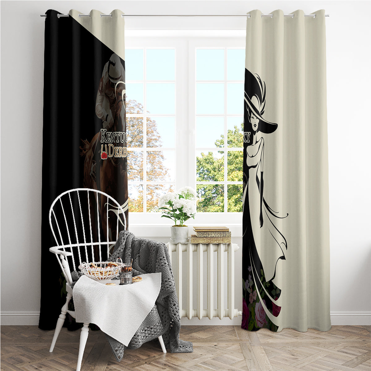 Kentucky Racing Horses Derby Hat Girl Window Curtain Black Color - Wonder Print Shop
