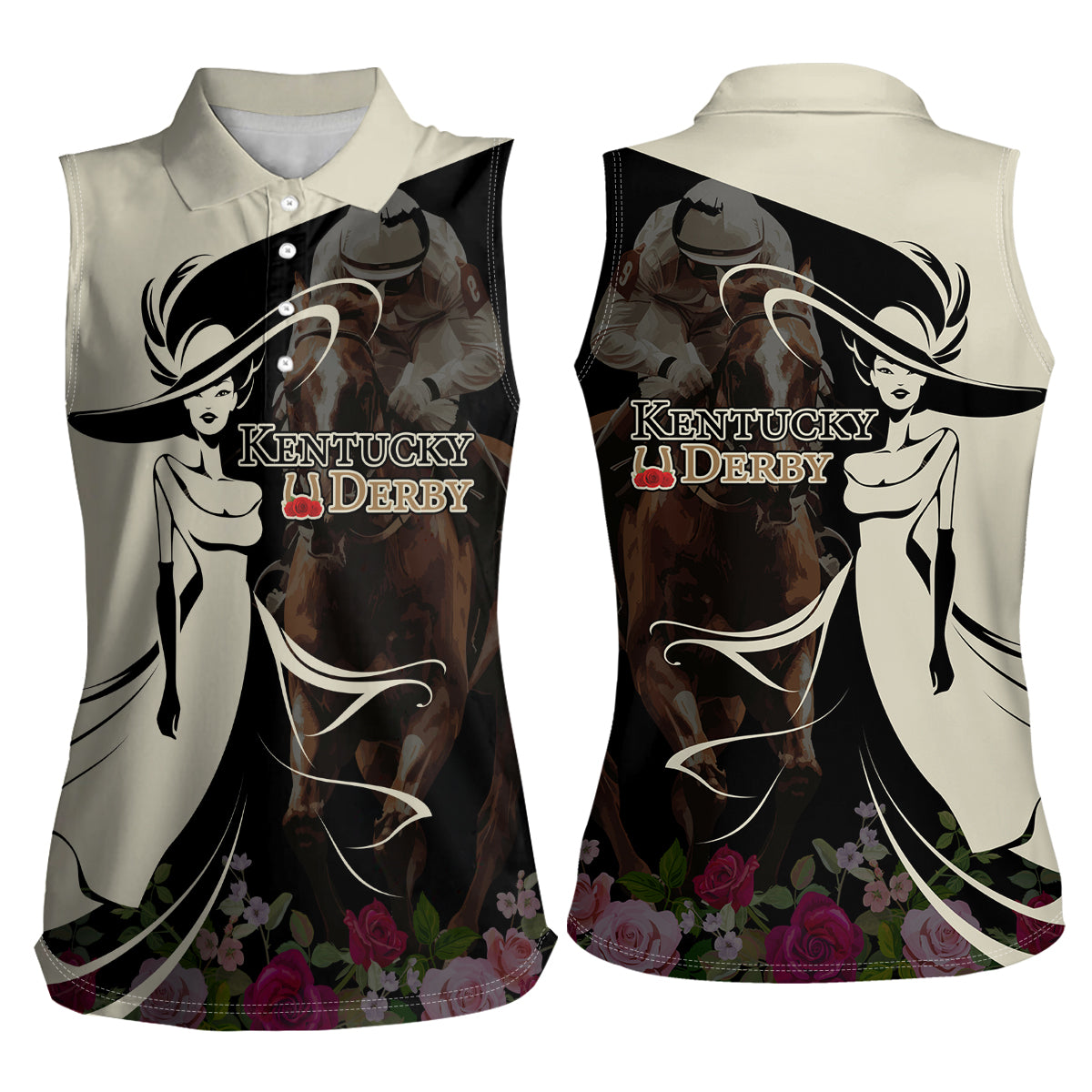 Kentucky Racing Horses Derby Hat Girl Women Sleeveless Polo Shirt Black Color - Wonder Print Shop