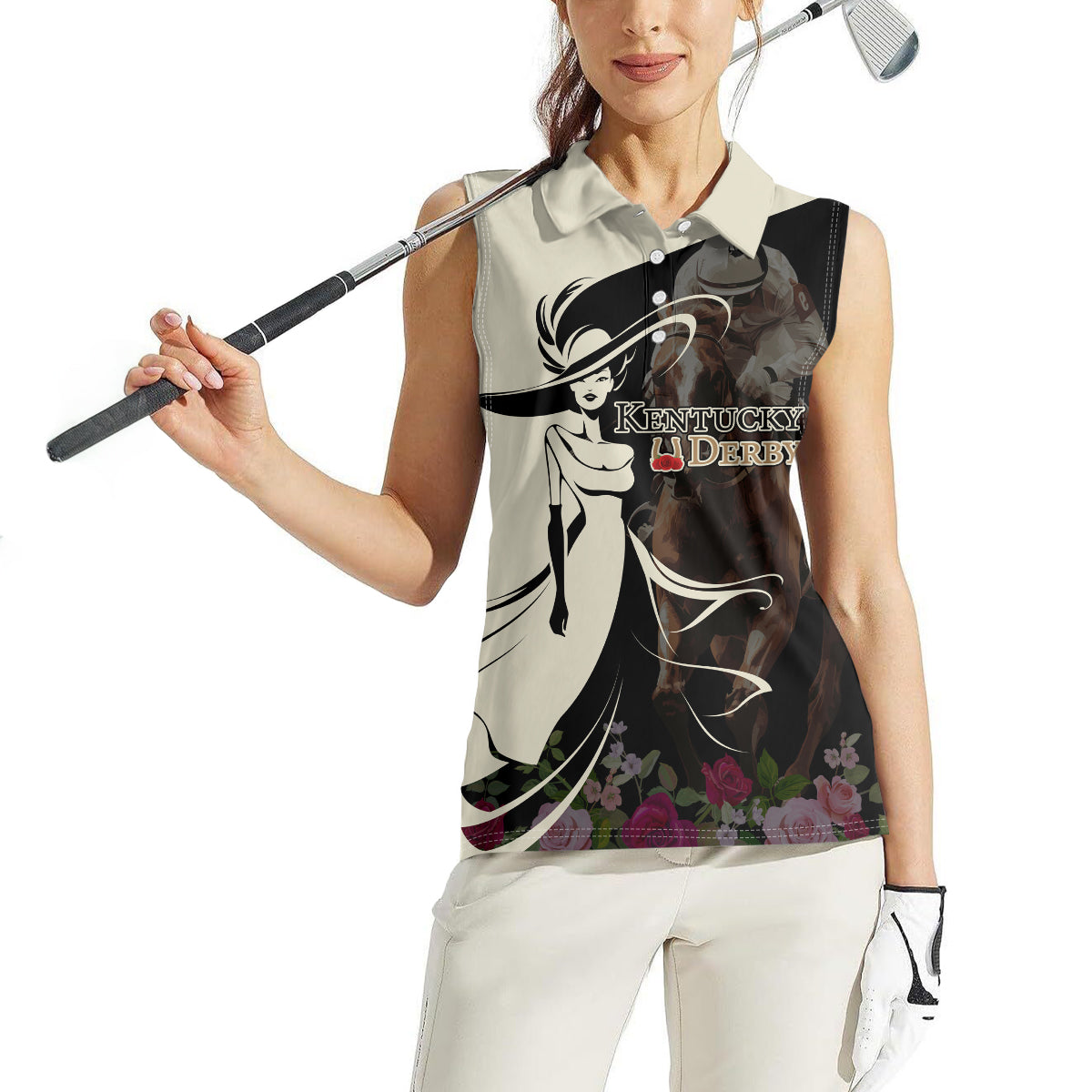 Kentucky Racing Horses Derby Hat Girl Women Sleeveless Polo Shirt Black Color - Wonder Print Shop