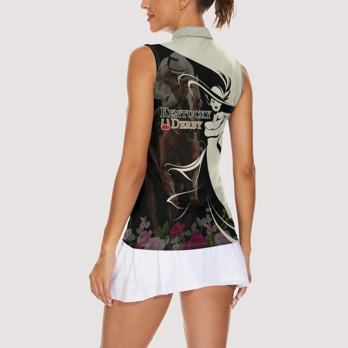 Kentucky Racing Horses Derby Hat Girl Women Sleeveless Polo Shirt Black Color - Wonder Print Shop