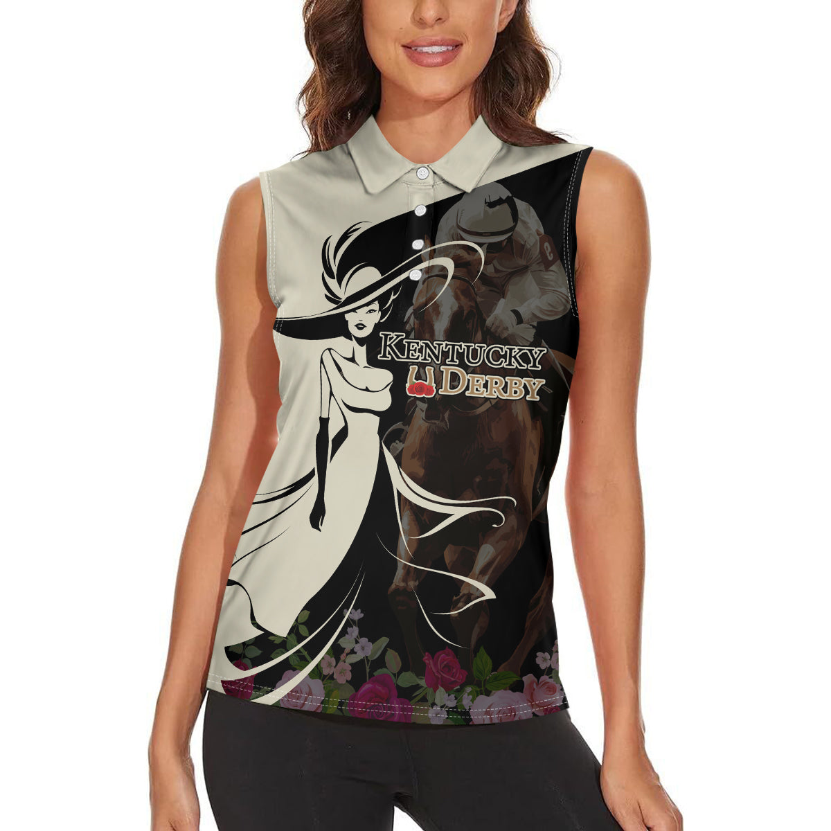 Kentucky Racing Horses Derby Hat Girl Women Sleeveless Polo Shirt Black Color - Wonder Print Shop