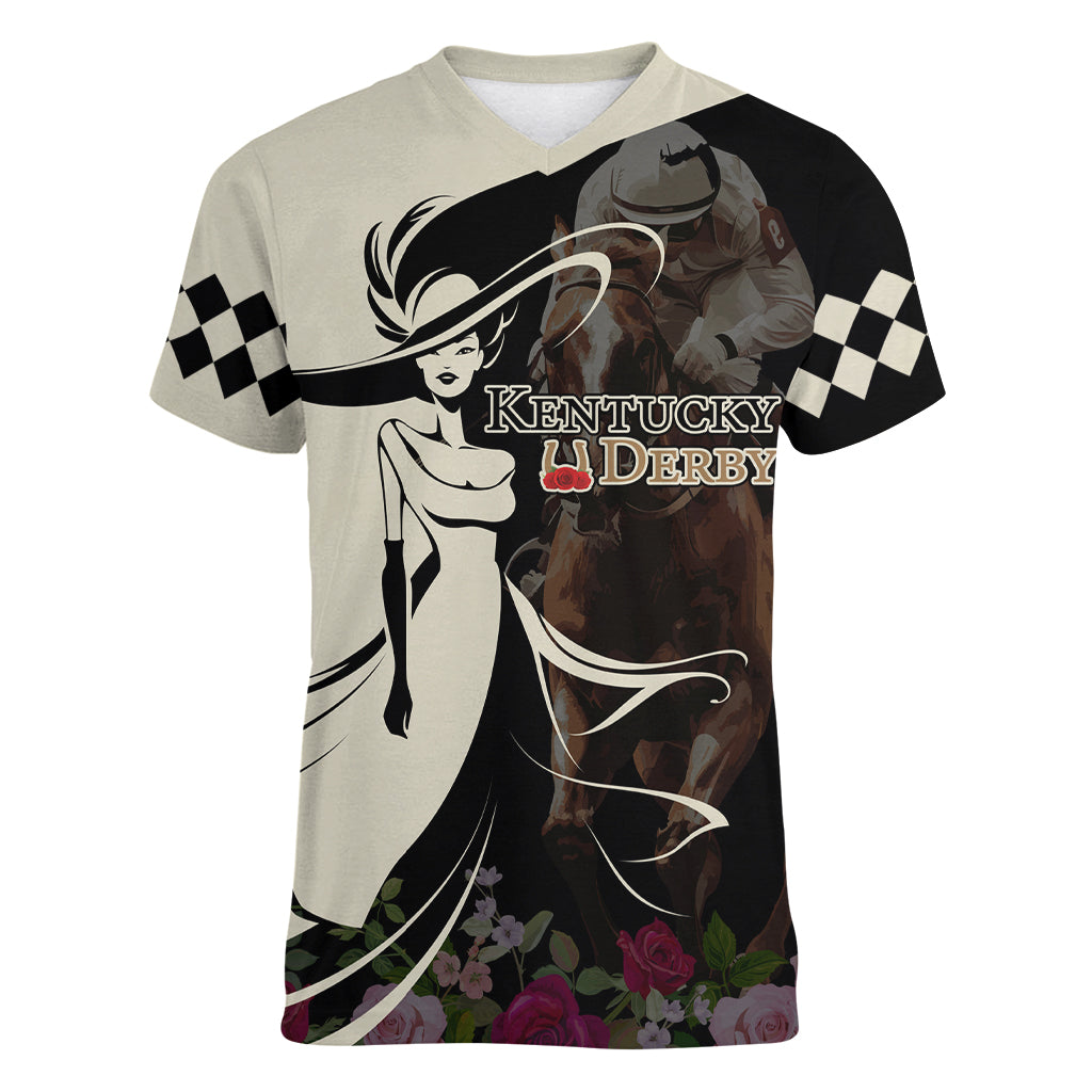 Kentucky Racing Horses Derby Hat Girl Women V-Neck T-Shirt Black Color - Wonder Print Shop