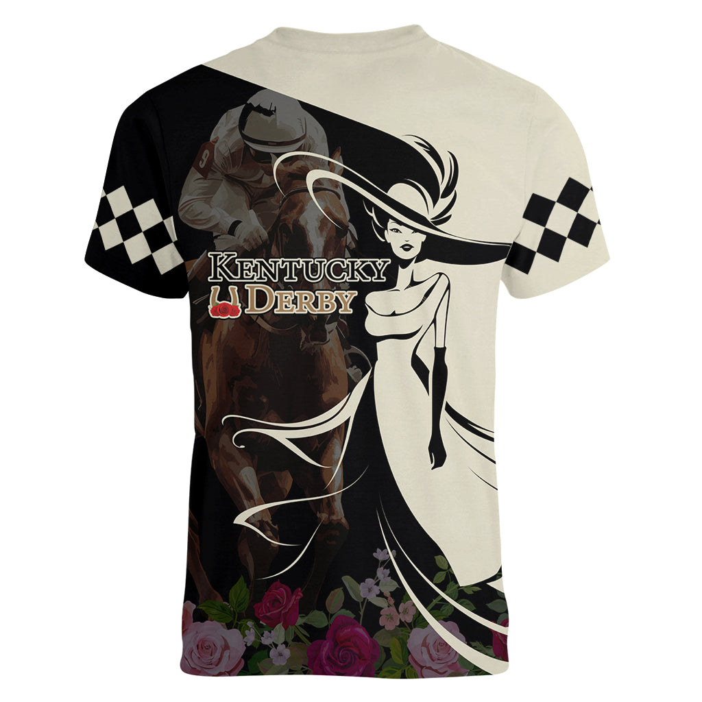 Kentucky Racing Horses Derby Hat Girl Women V-Neck T-Shirt Black Color - Wonder Print Shop