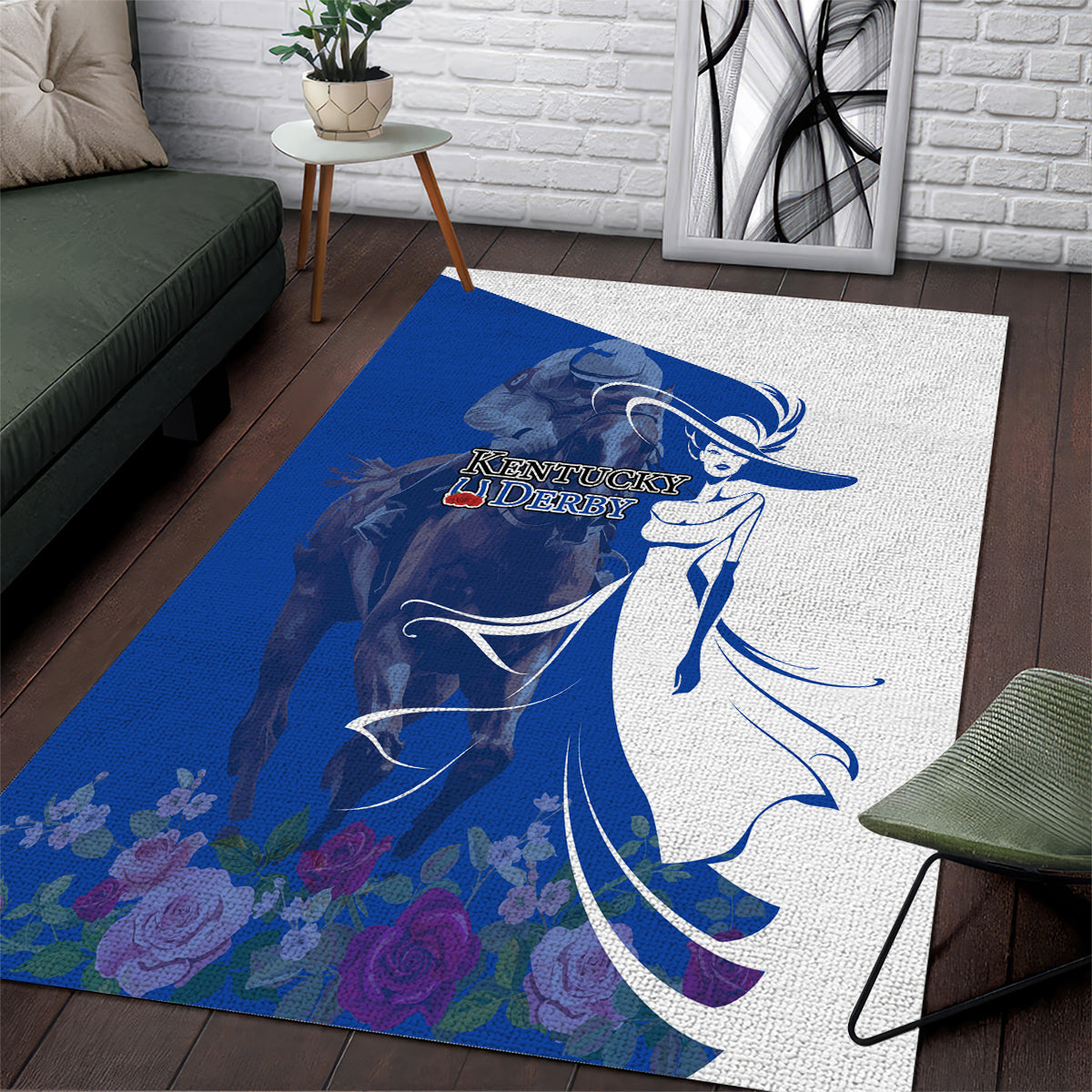 Kentucky Racing Horses Derby Hat Girl Area Rug Blue Color - Wonder Print Shop
