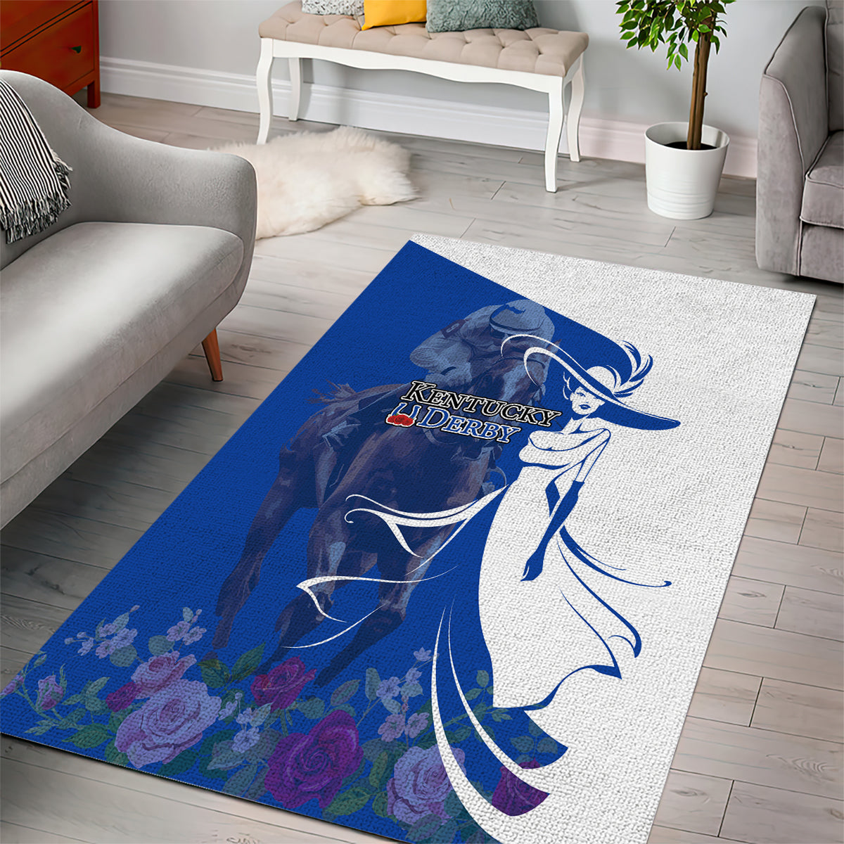 Kentucky Racing Horses Derby Hat Girl Area Rug Blue Color - Wonder Print Shop