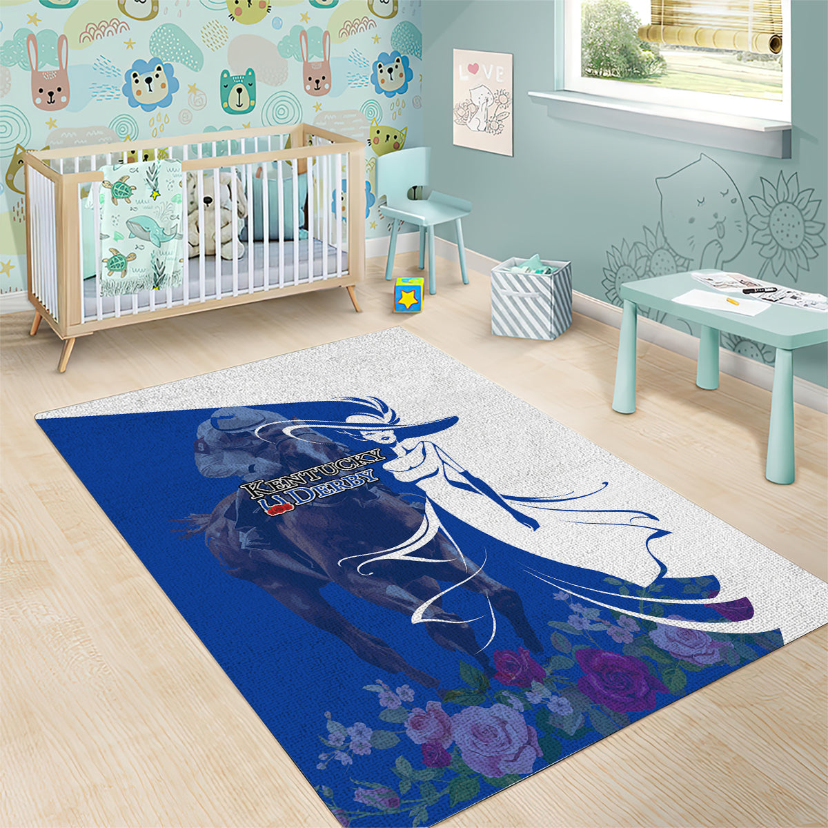 Kentucky Racing Horses Derby Hat Girl Area Rug Blue Color - Wonder Print Shop