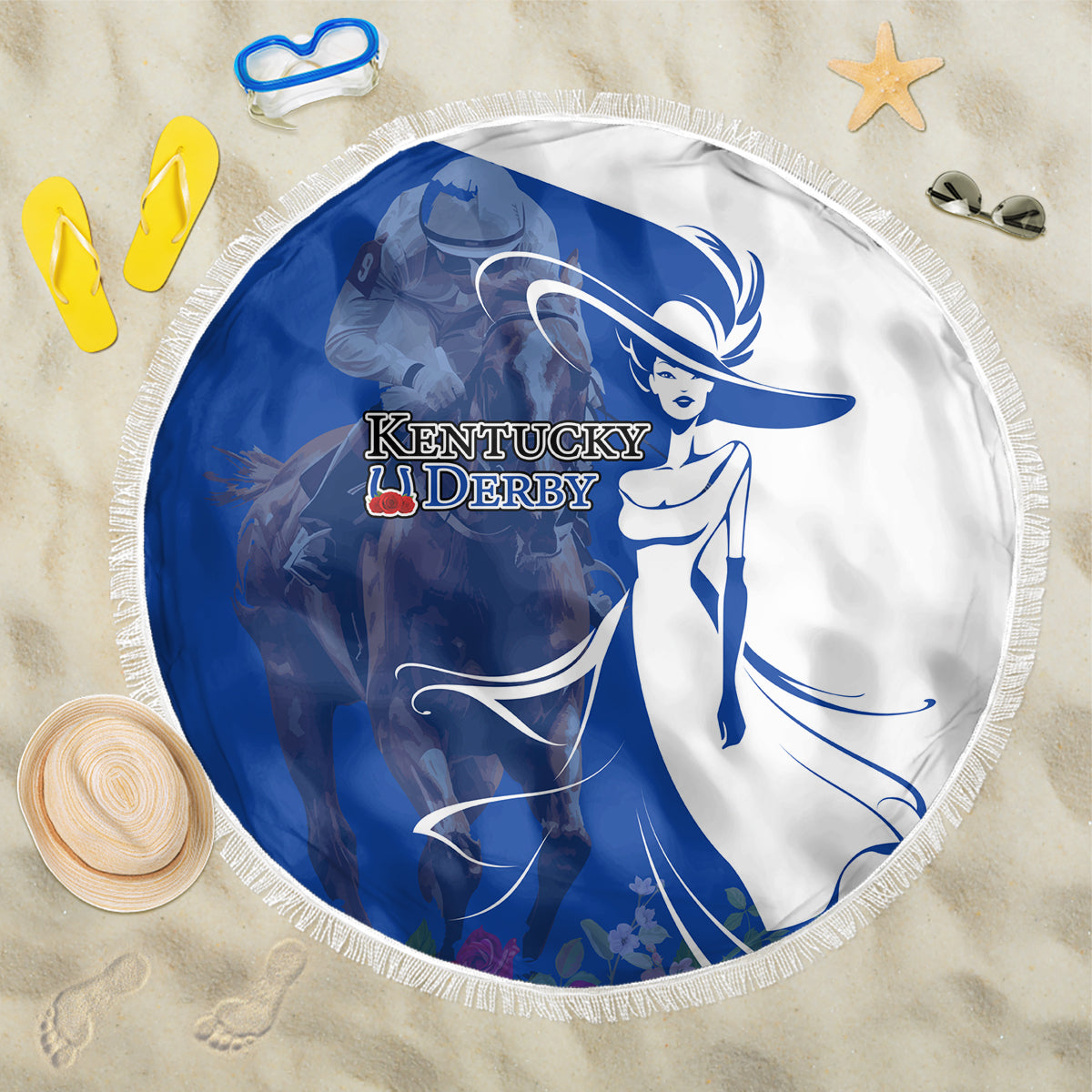 Kentucky Racing Horses Derby Hat Girl Beach Blanket Blue Color - Wonder Print Shop