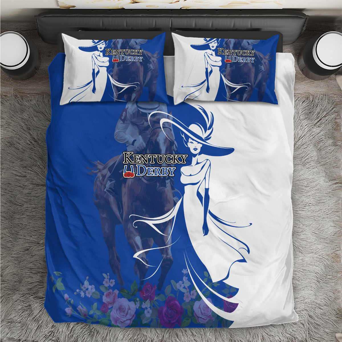 Kentucky Racing Horses Derby Hat Girl Bedding Set Blue Color - Wonder Print Shop