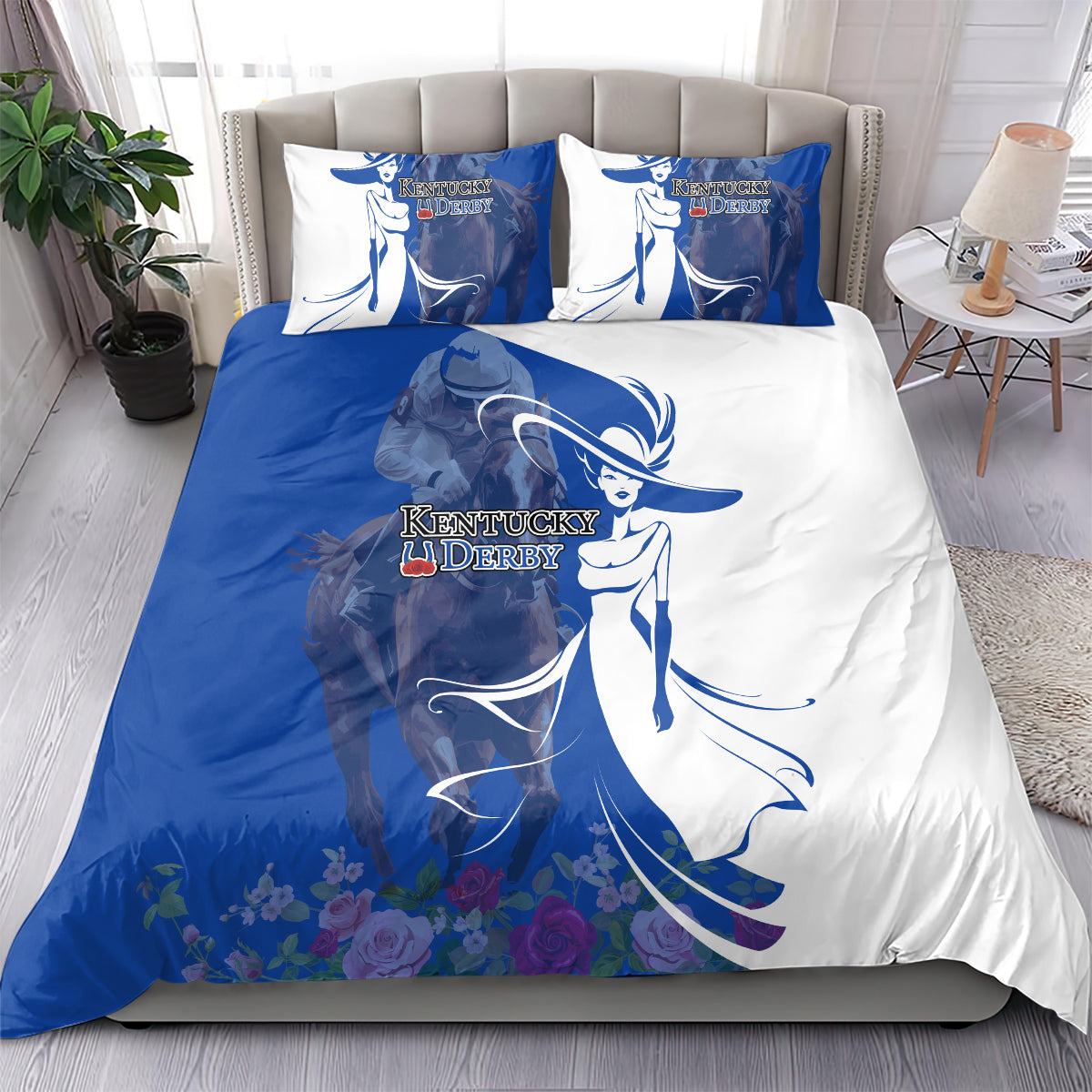 Kentucky Racing Horses Derby Hat Girl Bedding Set Blue Color - Wonder Print Shop