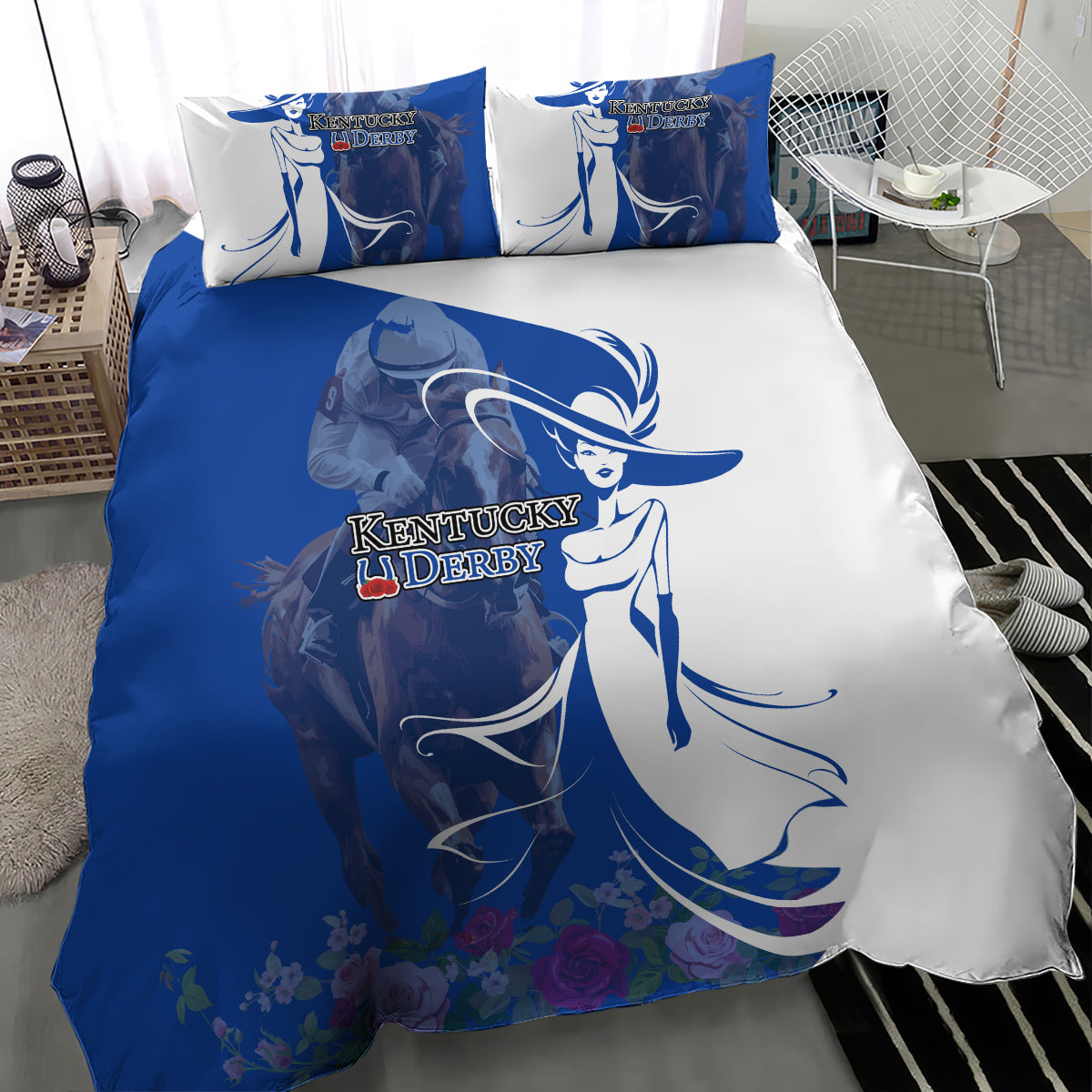Kentucky Racing Horses Derby Hat Girl Bedding Set Blue Color - Wonder Print Shop