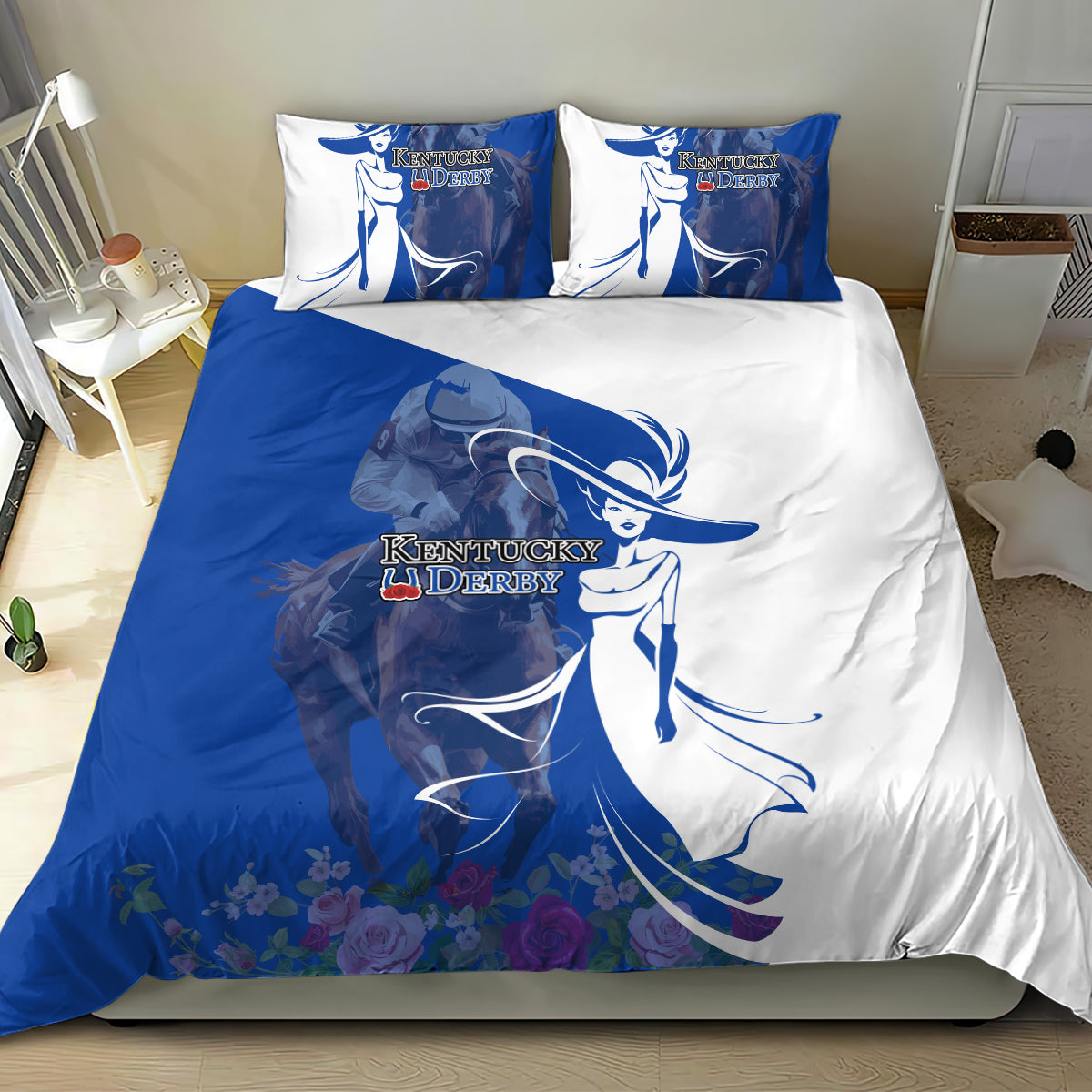 Kentucky Racing Horses Derby Hat Girl Bedding Set Blue Color - Wonder Print Shop