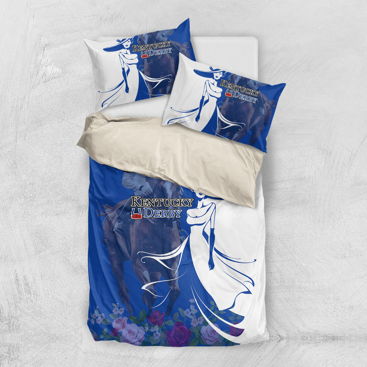 Kentucky Racing Horses Derby Hat Girl Bedding Set Blue Color - Wonder Print Shop