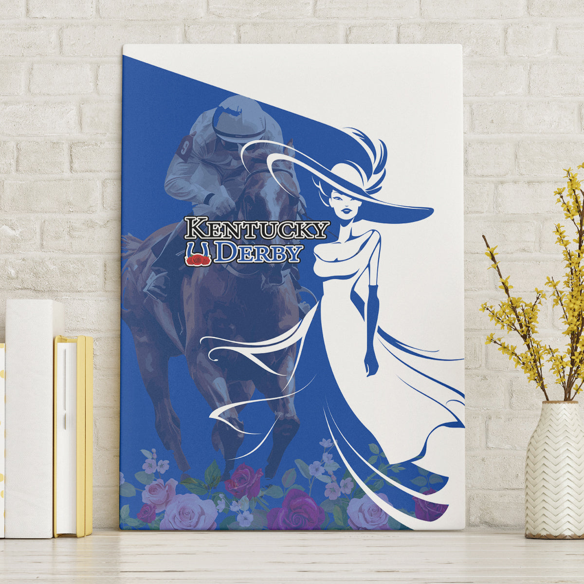 Kentucky Racing Horses Derby Hat Girl Canvas Wall Art Blue Color - Wonder Print Shop