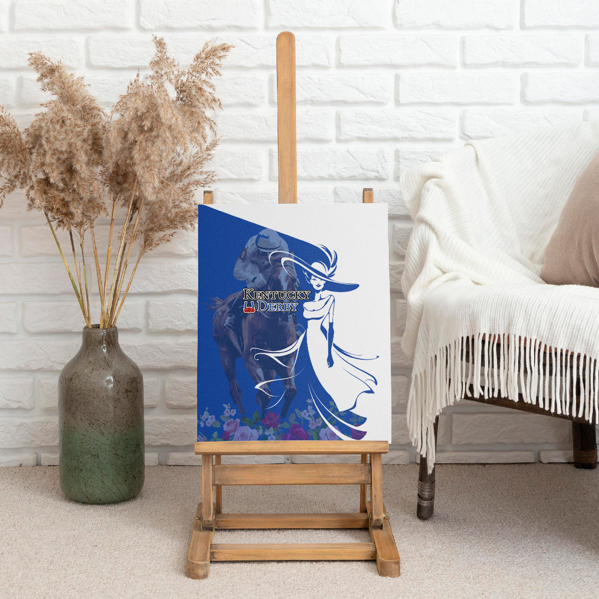 Kentucky Racing Horses Derby Hat Girl Canvas Wall Art Blue Color - Wonder Print Shop