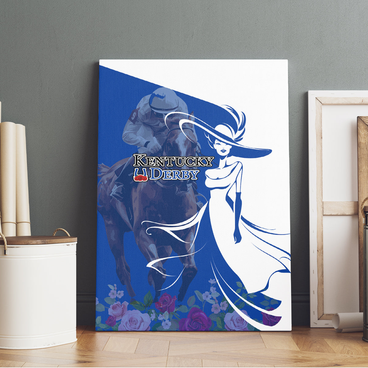 Kentucky Racing Horses Derby Hat Girl Canvas Wall Art Blue Color - Wonder Print Shop