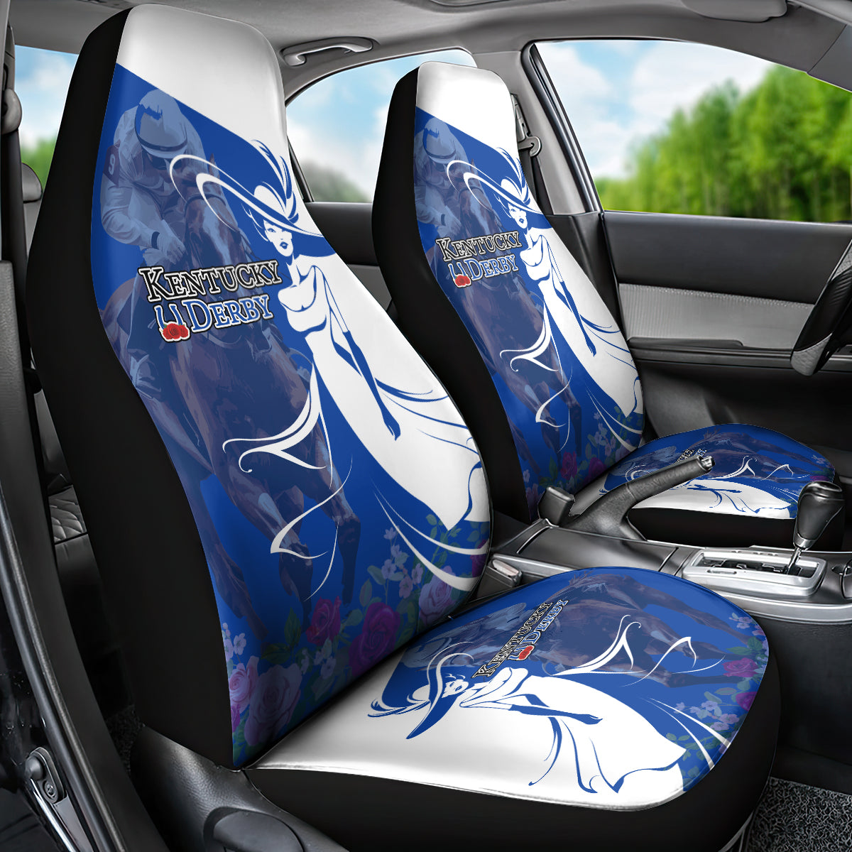 Kentucky Racing Horses Derby Hat Girl Car Seat Cover Blue Color - Wonder Print Shop