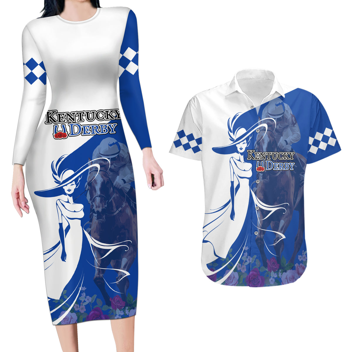 Kentucky Racing Horses Derby Hat Girl Couples Matching Long Sleeve Bodycon Dress and Hawaiian Shirt Blue Color - Wonder Print Shop