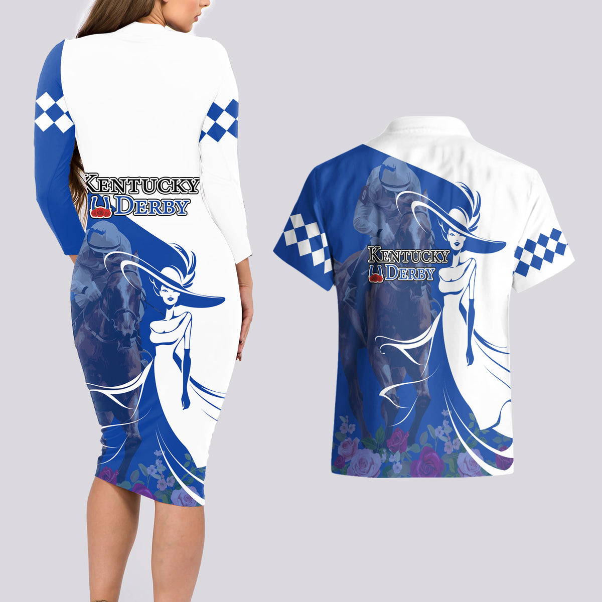 Kentucky Racing Horses Derby Hat Girl Couples Matching Long Sleeve Bodycon Dress and Hawaiian Shirt Blue Color - Wonder Print Shop