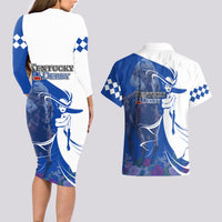 Kentucky Racing Horses Derby Hat Girl Couples Matching Long Sleeve Bodycon Dress and Hawaiian Shirt Blue Color - Wonder Print Shop
