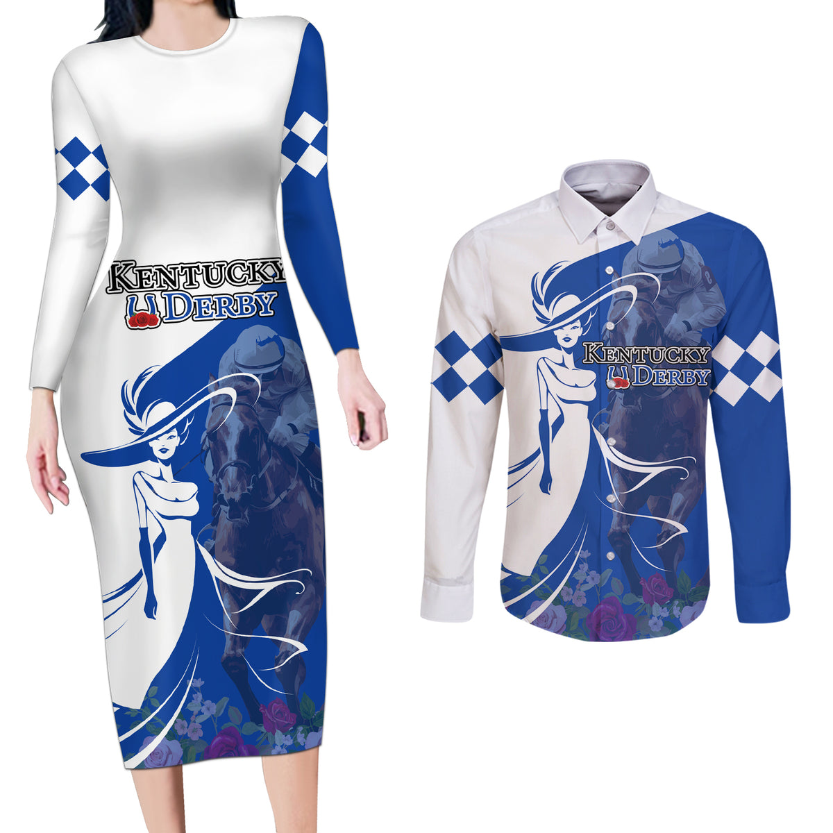Kentucky Racing Horses Derby Hat Girl Couples Matching Long Sleeve Bodycon Dress and Long Sleeve Button Shirt Blue Color - Wonder Print Shop