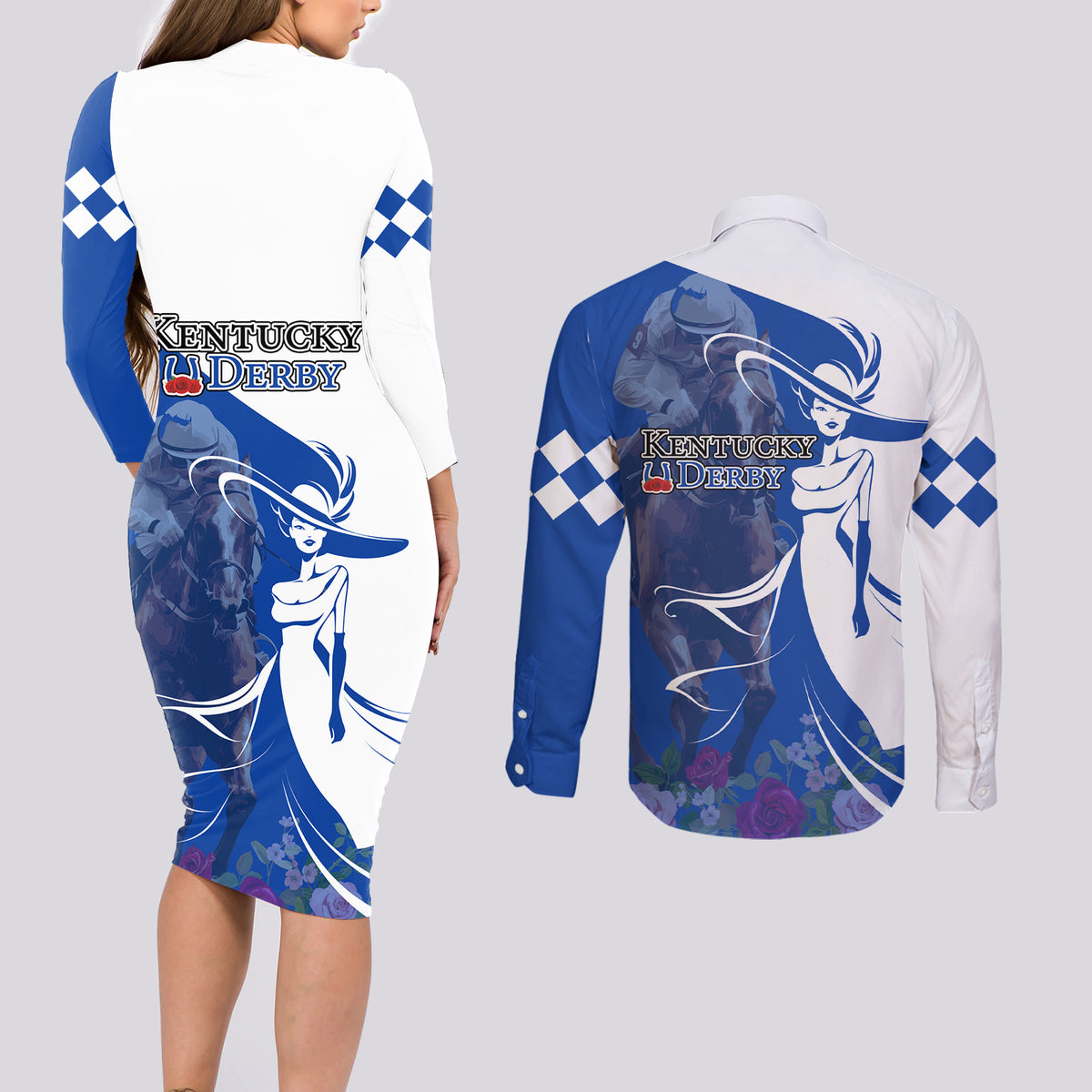 Kentucky Racing Horses Derby Hat Girl Couples Matching Long Sleeve Bodycon Dress and Long Sleeve Button Shirt Blue Color - Wonder Print Shop