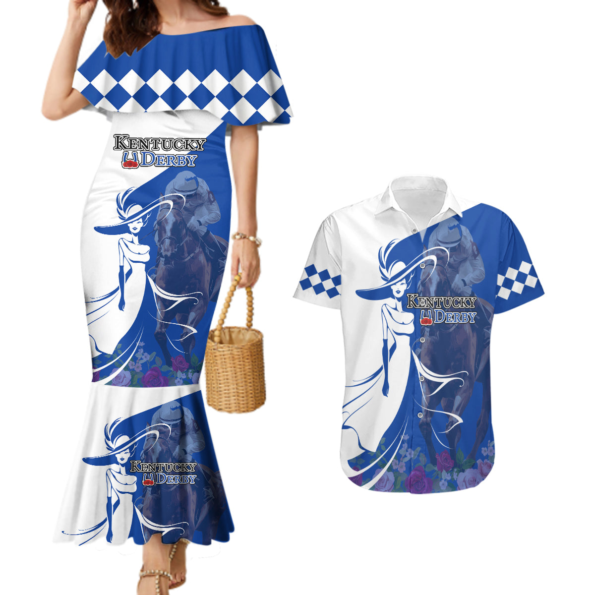 Kentucky Racing Horses Derby Hat Girl Couples Matching Mermaid Dress and Hawaiian Shirt Blue Color - Wonder Print Shop