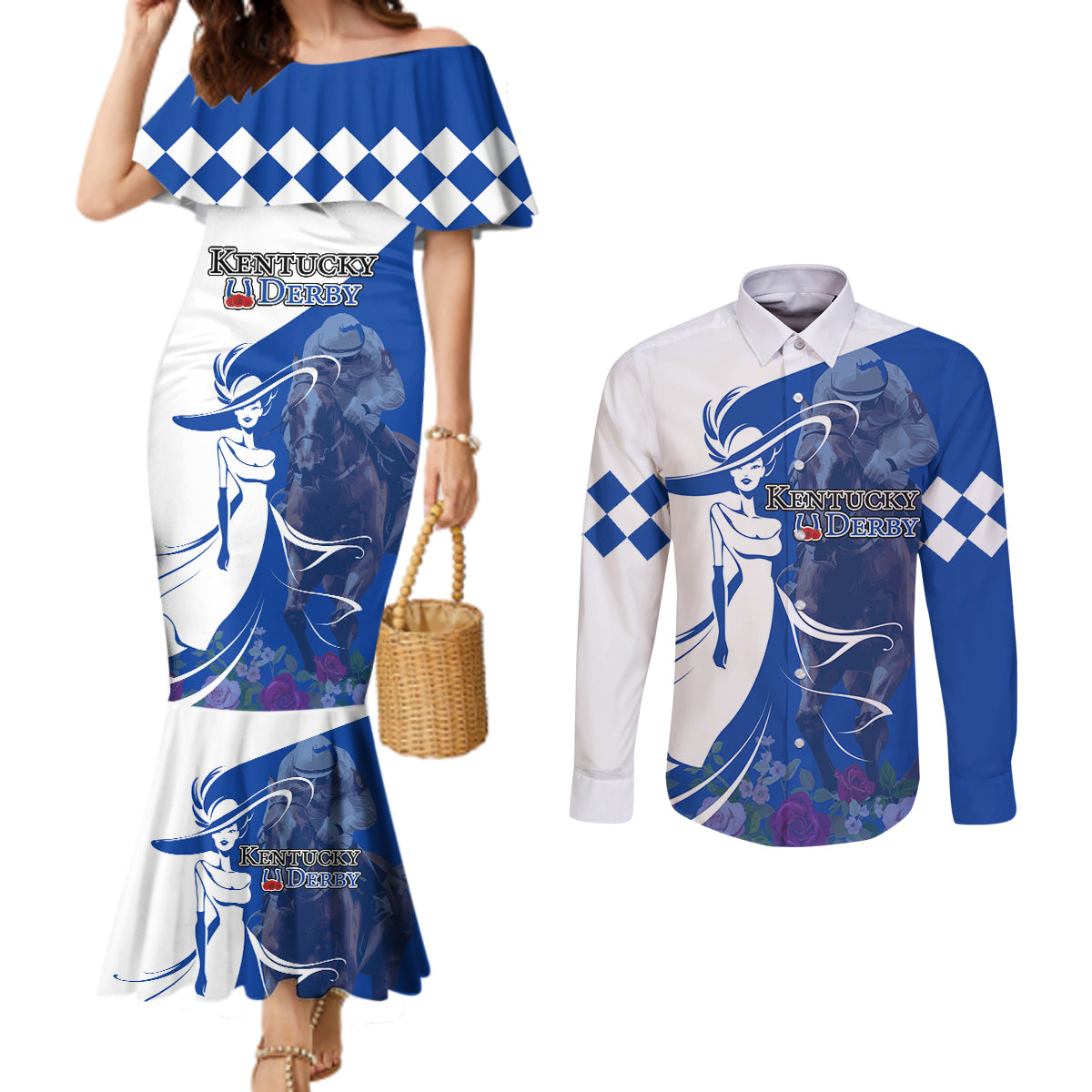 Kentucky Racing Horses Derby Hat Girl Couples Matching Mermaid Dress and Long Sleeve Button Shirt Blue Color