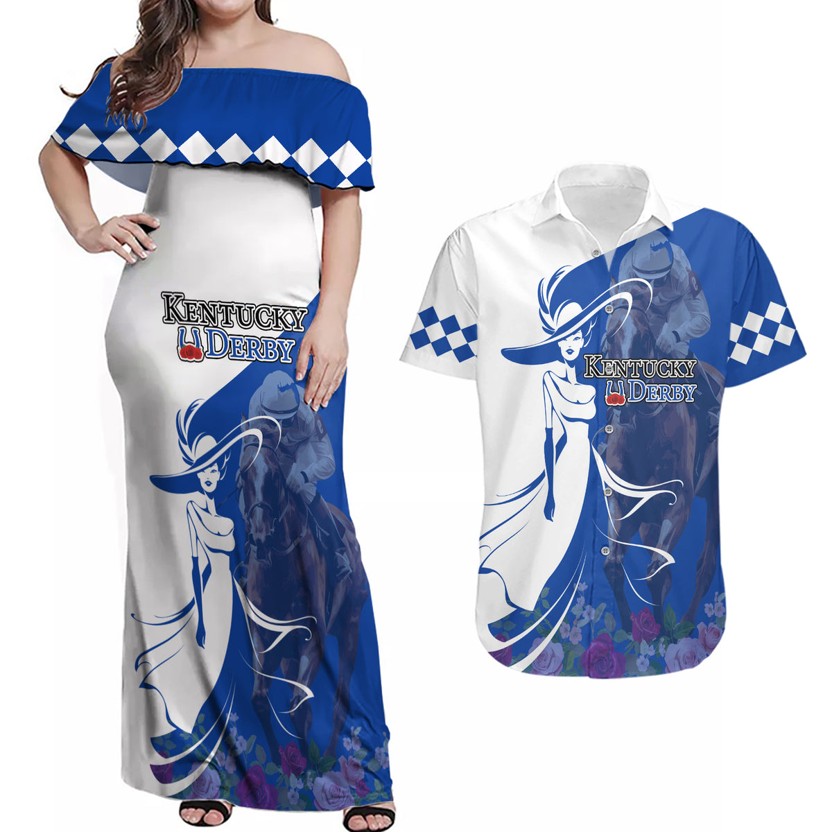 Kentucky Racing Horses Derby Hat Girl Couples Matching Off Shoulder Maxi Dress and Hawaiian Shirt Blue Color - Wonder Print Shop