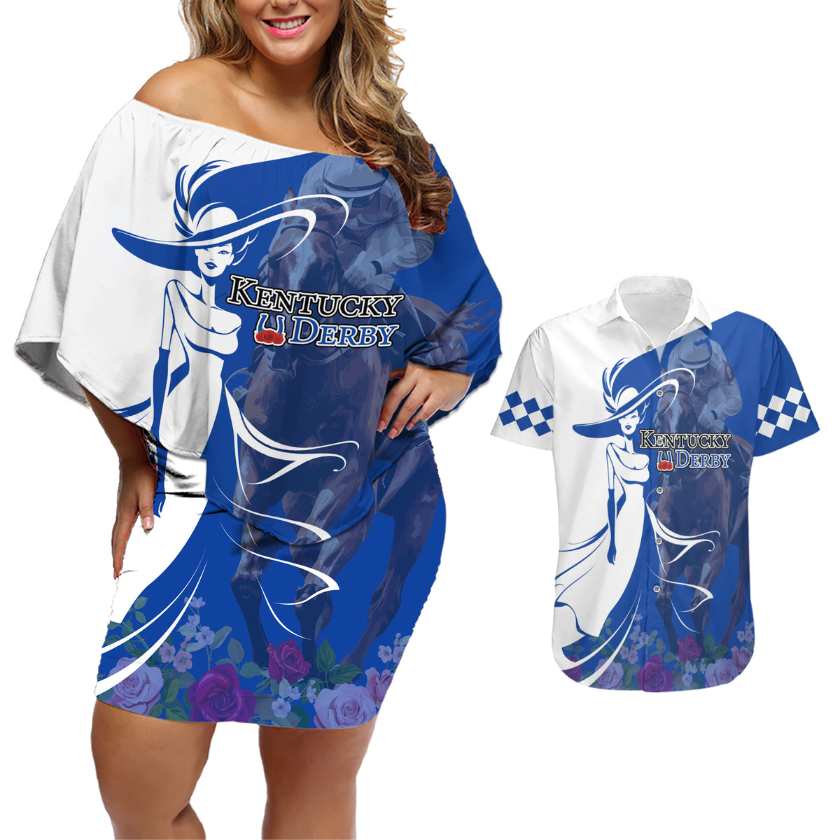 Kentucky Racing Horses Derby Hat Girl Couples Matching Off Shoulder Short Dress and Hawaiian Shirt Blue Color - Wonder Print Shop
