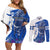 Kentucky Racing Horses Derby Hat Girl Couples Matching Off Shoulder Short Dress and Long Sleeve Button Shirt Blue Color - Wonder Print Shop