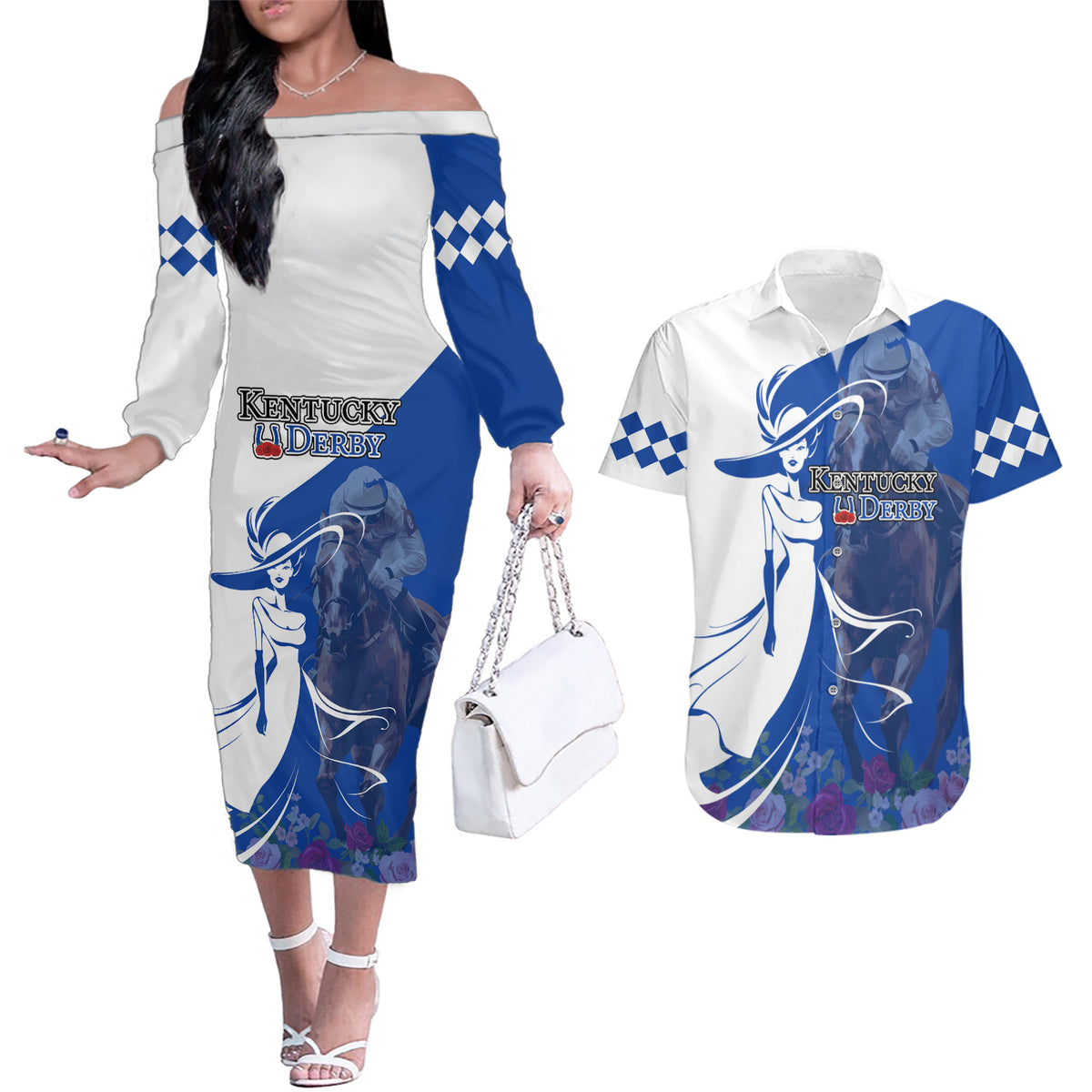Kentucky Racing Horses Derby Hat Girl Couples Matching Off The Shoulder Long Sleeve Dress and Hawaiian Shirt Blue Color - Wonder Print Shop