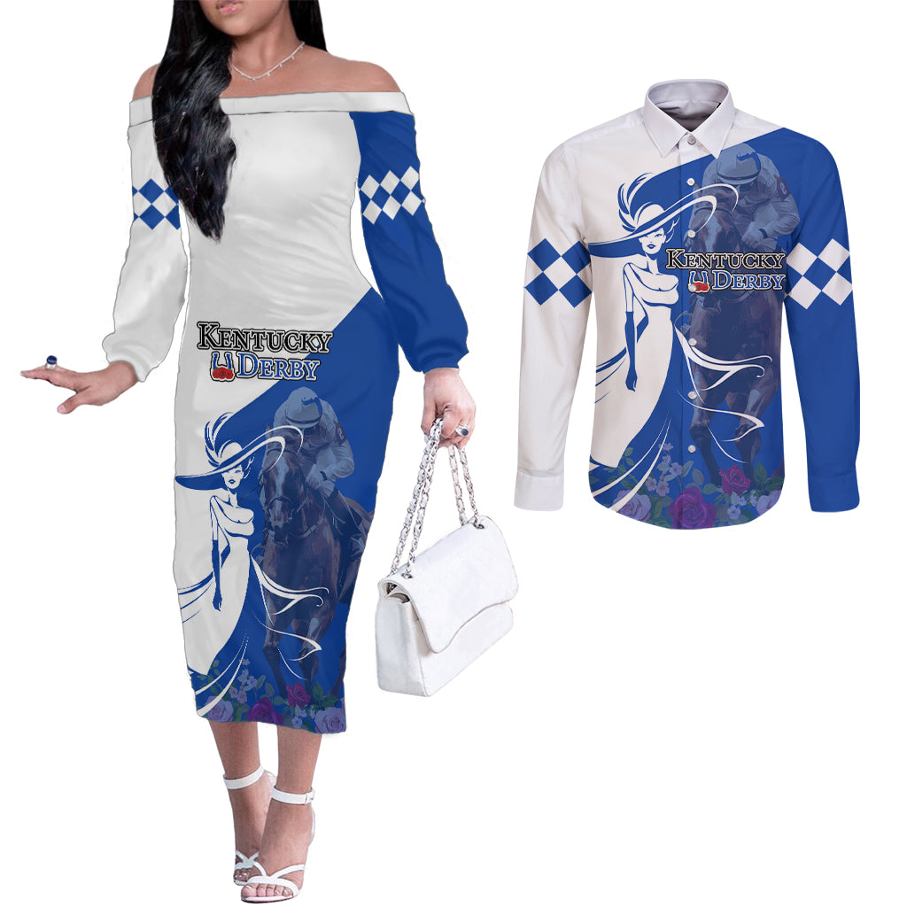 Kentucky Racing Horses Derby Hat Girl Couples Matching Off The Shoulder Long Sleeve Dress and Long Sleeve Button Shirt Blue Color