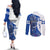 Kentucky Racing Horses Derby Hat Girl Couples Matching Off The Shoulder Long Sleeve Dress and Long Sleeve Button Shirt Blue Color