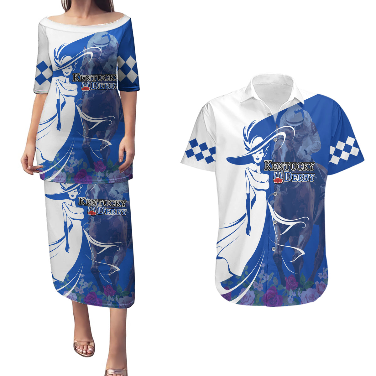 Kentucky Racing Horses Derby Hat Girl Couples Matching Puletasi and Hawaiian Shirt Blue Color - Wonder Print Shop