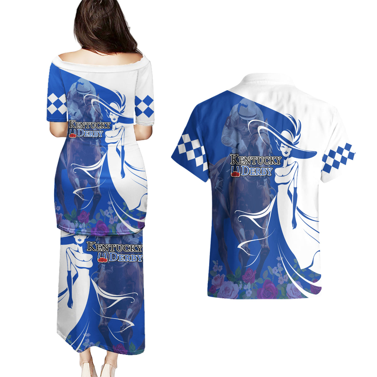 Kentucky Racing Horses Derby Hat Girl Couples Matching Puletasi and Hawaiian Shirt Blue Color - Wonder Print Shop