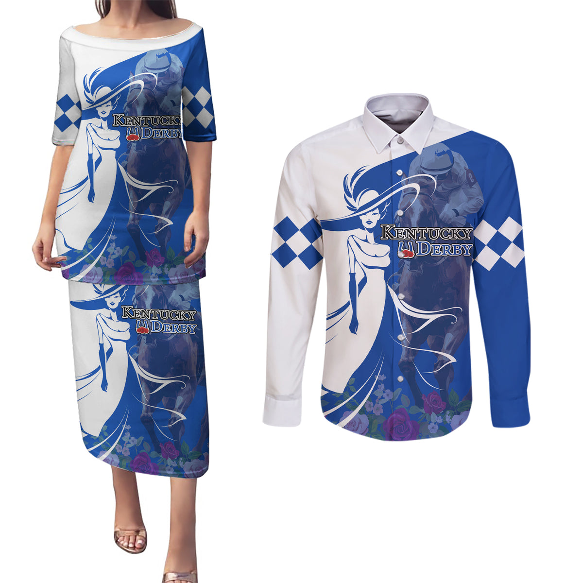 Kentucky Racing Horses Derby Hat Girl Couples Matching Puletasi and Long Sleeve Button Shirt Blue Color - Wonder Print Shop