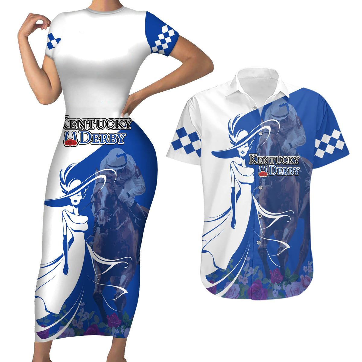Kentucky Racing Horses Derby Hat Girl Couples Matching Short Sleeve Bodycon Dress and Hawaiian Shirt Blue Color - Wonder Print Shop