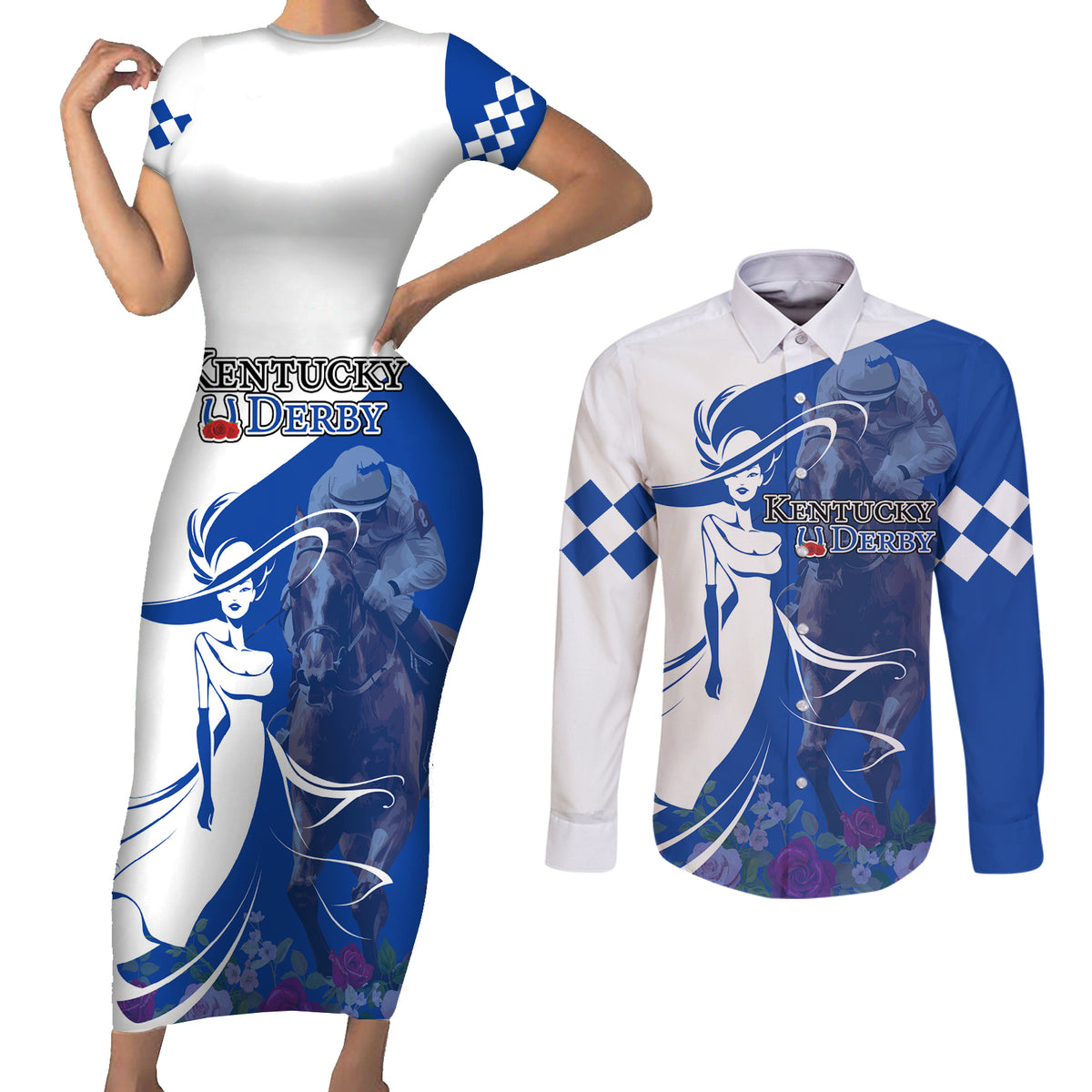 Kentucky Racing Horses Derby Hat Girl Couples Matching Short Sleeve Bodycon Dress and Long Sleeve Button Shirt Blue Color - Wonder Print Shop