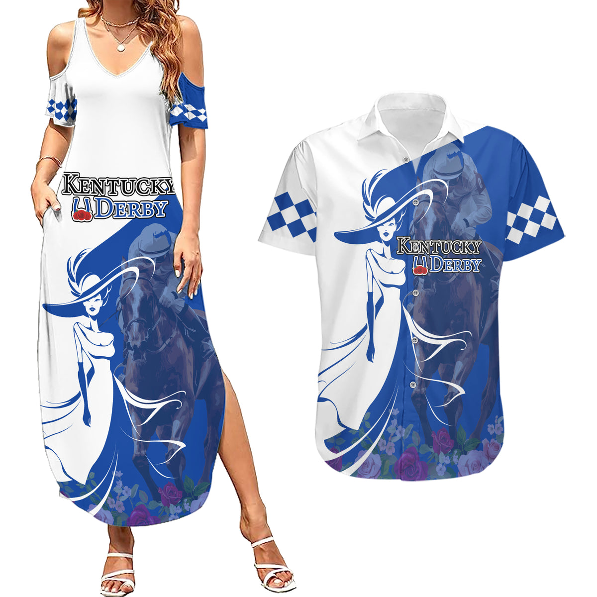 Kentucky Racing Horses Derby Hat Girl Couples Matching Summer Maxi Dress and Hawaiian Shirt Blue Color - Wonder Print Shop